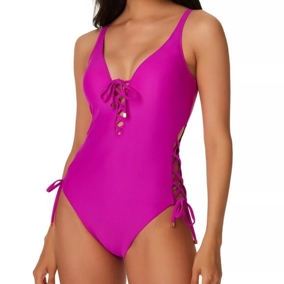 Bar III Women's Lace-Up One-Piece Swimsuit in Magic Magenta | Size M | NWT - Picture 2 of 12